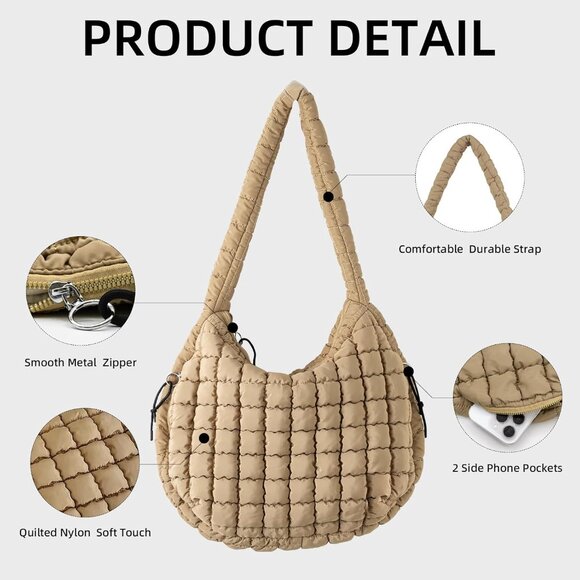 Large Quilted Puffer Shoulder Bag – Trendy Crossbody Tote with Zippered Pockets - Picture 3 of 6